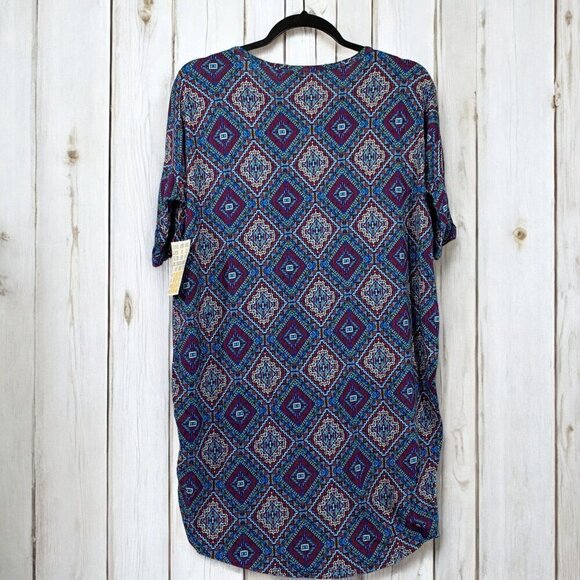 Lularoe Irma Half Sleeve Tunic High Low Polyester Blend Sz XXS Blue Red Diamond - Picture 3 of 7
